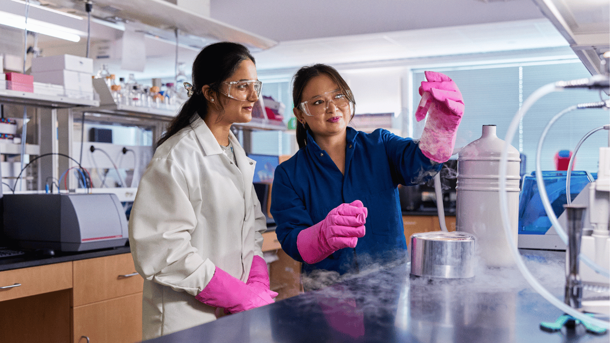 Two researchers wearing safety goggles and bright pink gloves work together in a laboratory. One researcher carefully handles equipment emitting cold vapor, while the other observes. Scientific instruments, tubing, and lab benches surround them.