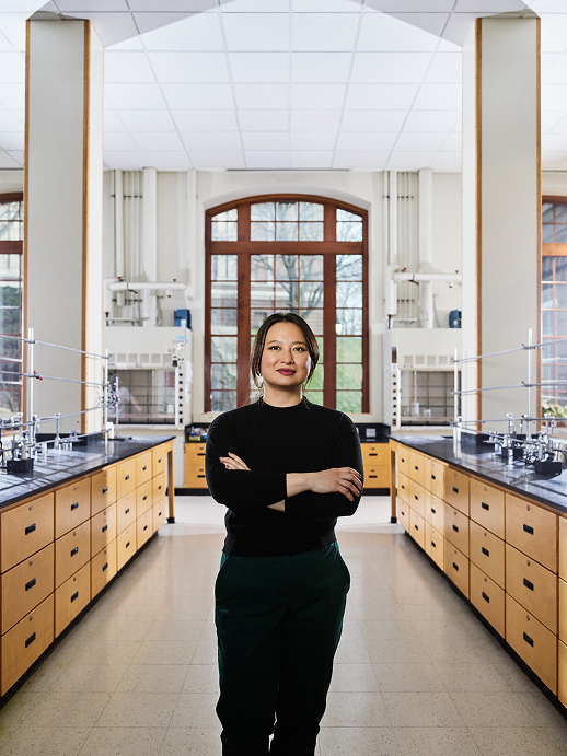 A portrait of Professor Helen Zha in a chemistry lab