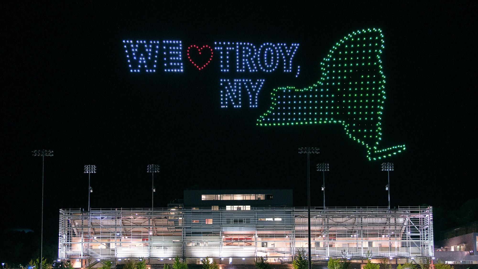 We Love Troy NY spelled out with drones