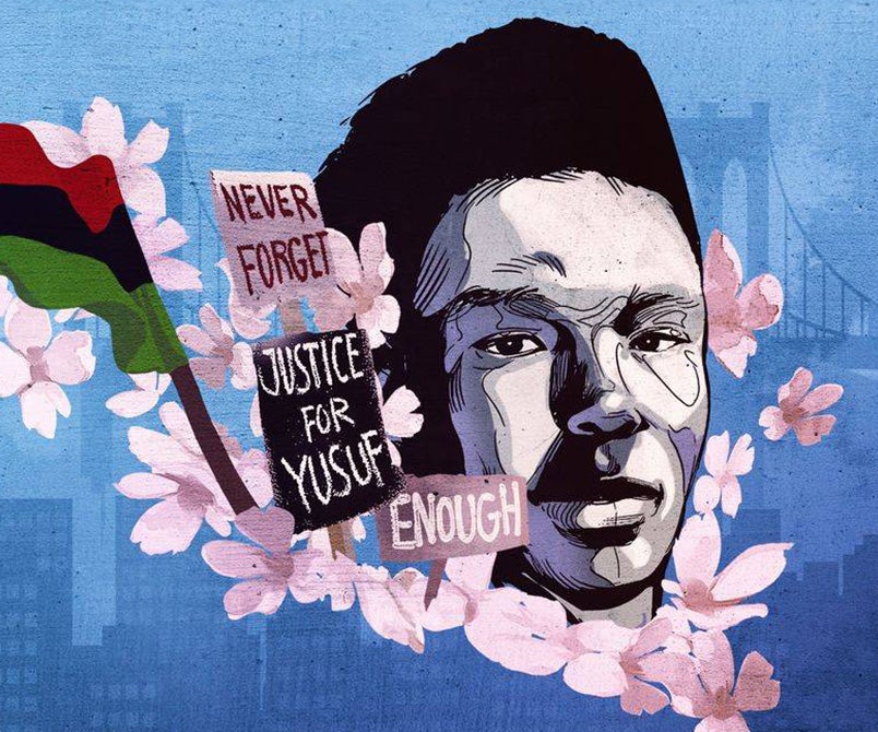 Artistic depiction of Yusuf Hawkins with signs saying 'Never Forget', 'Justice for Yusuf' and 'Enough'
